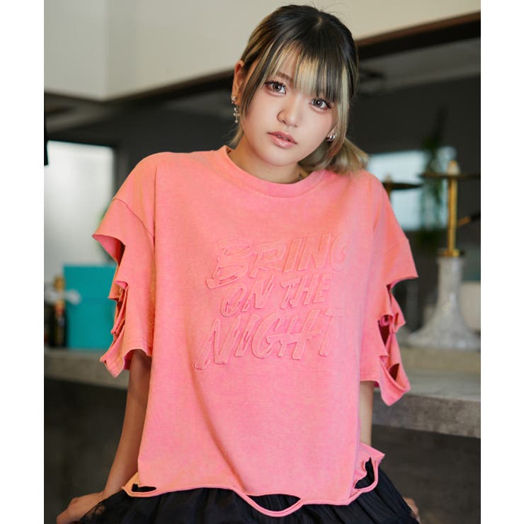 ピンク | 《ダメージ加工・抜け感》エンボスロゴＴシャツ／ストリート×モード／春夏／全３色 | GORGE 
