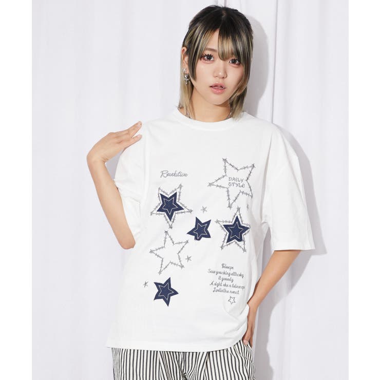 オフホワイト | 《スターモチーフ×刺繍デザイン》Ｔシャツ／カジュアル×Ｙ２Ｋ／春夏／全２色 | GORGE 