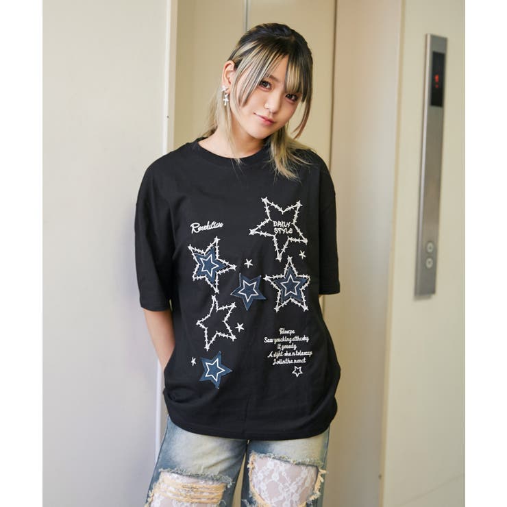 《スターモチーフ×刺繍デザイン》Ｔシャツ／カジュアル×Ｙ２Ｋ／春夏／全２色 | GORGE  | 詳細画像1 