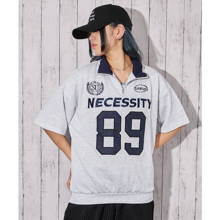 ナンバーロゴ×ハーフジップ》ビッグシルエットTシャツ ストリート 春