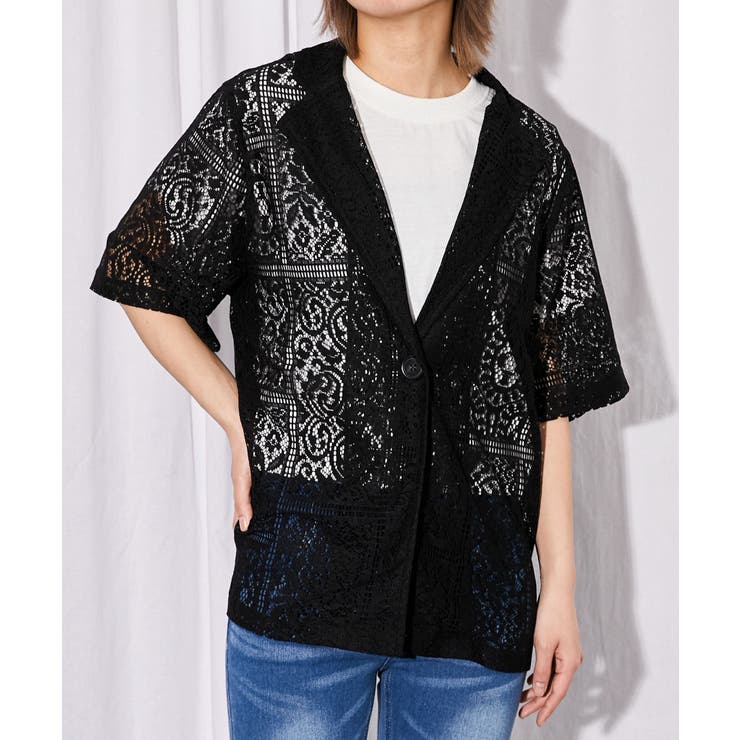 ブラック | 《総レース》半袖テーラードジャケット／キレイめカジュアル／春夏／全２色 | GORGE 