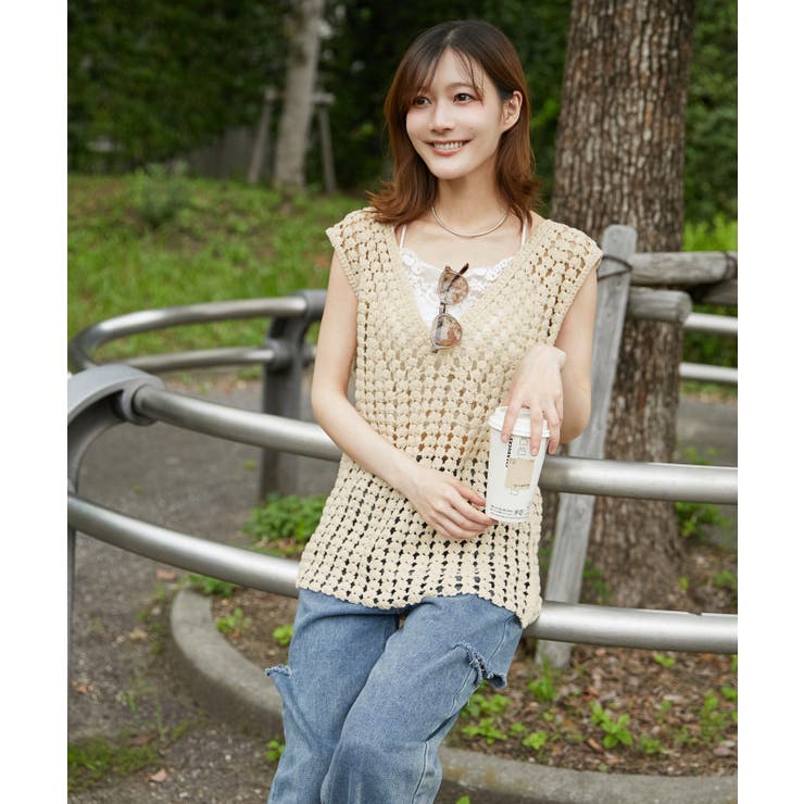《かぎ針編み レースアップ》タンクトップ ナチュラル×フェミカジュ | GORGE  | 詳細画像2 