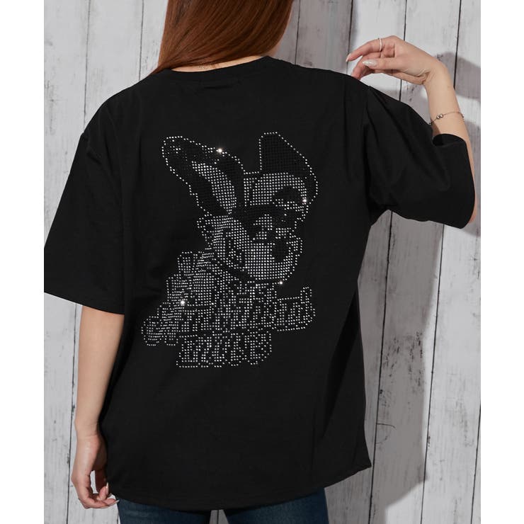 ブラック | 《ラインストーンバニー》バックグラフィックＴシャツ／ストリート／春夏／全３色 | GORGE 