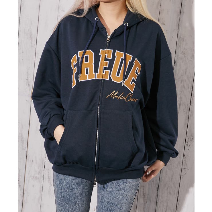ネイビー | 《カレッジロゴ刺繍》ＺＩＰパーカー／ビッグシルエット／春秋／全３色 | GORGE 