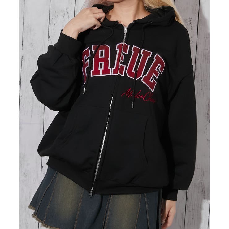 ブラック | 《カレッジロゴ刺繍》ＺＩＰパーカー／ビッグシルエット／春秋／全３色 | GORGE 