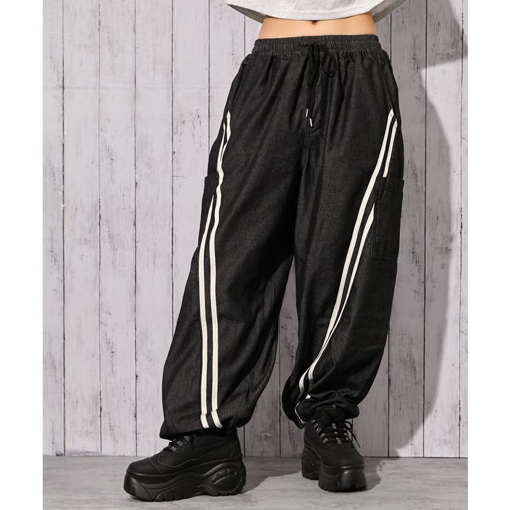 ブラック | 《デニム×カーゴ×ライン》ワイドカーゴパンツ ストリート オールシーズン | GORGE 