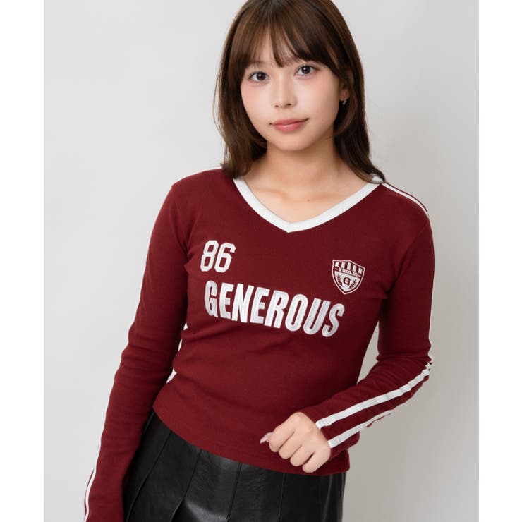 ボルドー | 配色ライン ロゴＶネックテレコトップス｜全３色 | GORGE 