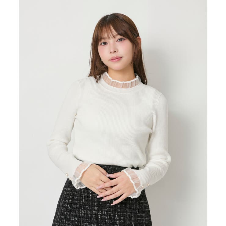 オフホワイト | シアー切替 フリルリブニットトップス｜全４色 | GORGE 