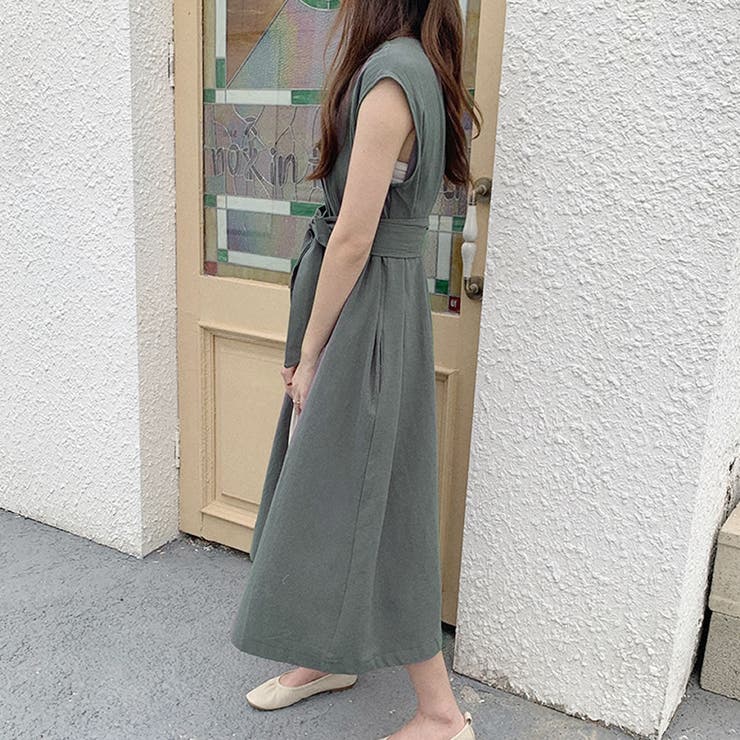 全2色 ウエストリボン付きロングシャツワンピース[品番