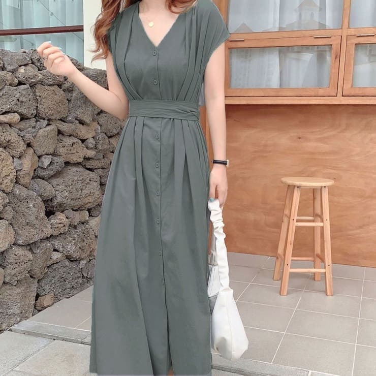 [韓国] ワンピース ロング シャツワンピ ウエストリボン 全2色 全2色 ウエストリボン付きロングシャツワンピース[品番
