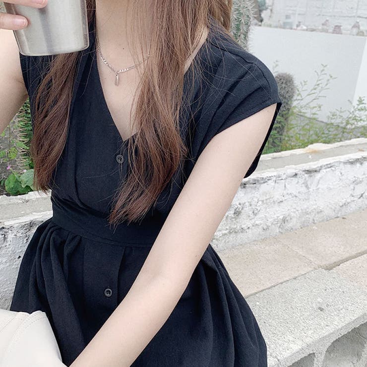 [韓国] ワンピース ロング シャツワンピ ウエストリボン 全2色 全2色 ウエストリボン付きロングシャツワンピース[品番