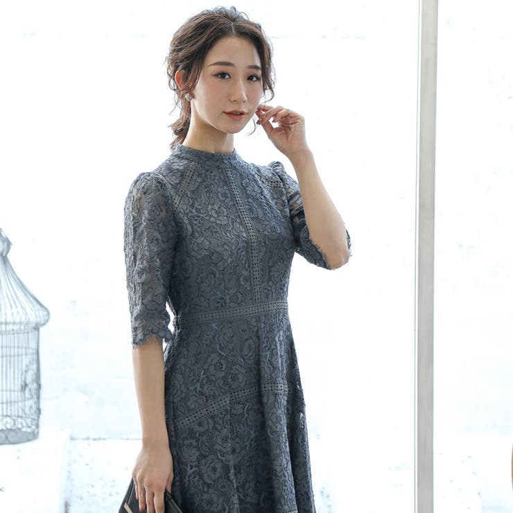 オールレースハイネックワンピース ドレス 結婚式[品番：GRVW0000902