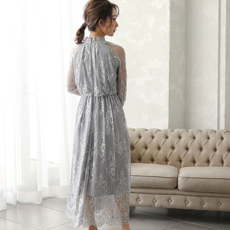 オールレースハイネックギャザーワンピース ドレス 結婚式[品番