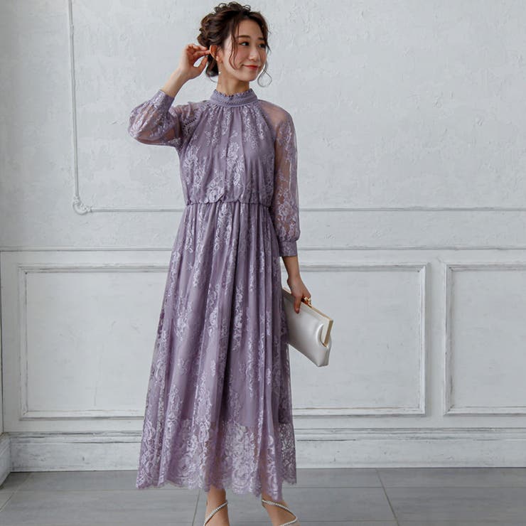 【海外 正規品】 オールレースハイネックギャザーワンピース 結婚式[品番 ドレス スーツ・フォーマル・ドレス