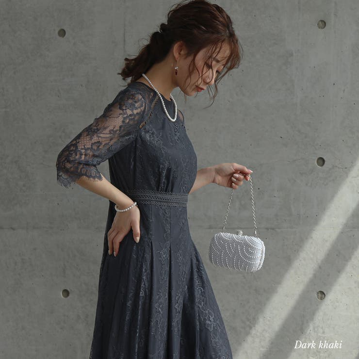 ダークカーキ | オールレースロングワンピース ドレス 結婚式 | epicday