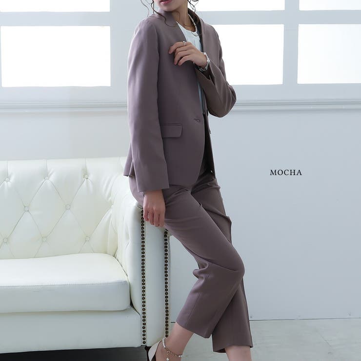 洗えるノーカラージャケットスーツセットアップ 洗濯機OK 仕事[品番