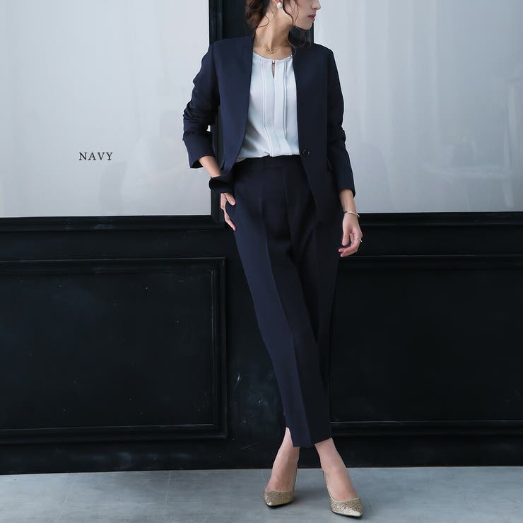 洗えるノーカラージャケットスーツセットアップ 洗濯機OK 仕事[品番