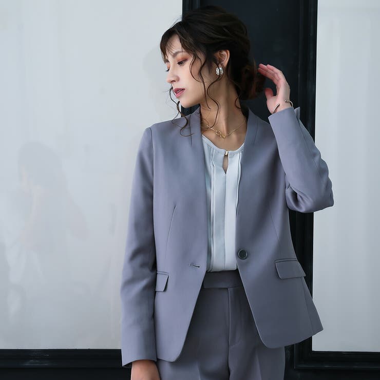 洗えるノーカラージャケットスーツセットアップ 洗濯機OK 仕事[品番