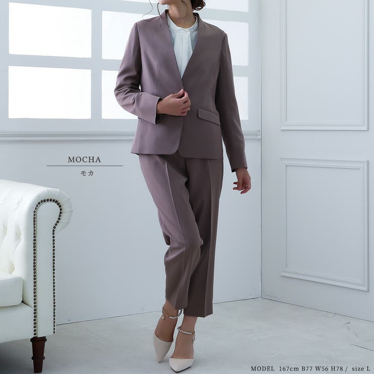 洗えるノーカラージャケットスーツセットアップ 洗濯機OK 仕事[品番