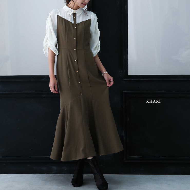 カーキ | シャツドッキングマーメイドワンピース 結婚式 ワンピース | epicday