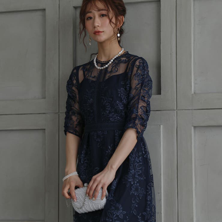 バックリボンレースロングワンピース ドレス 結婚式[品番