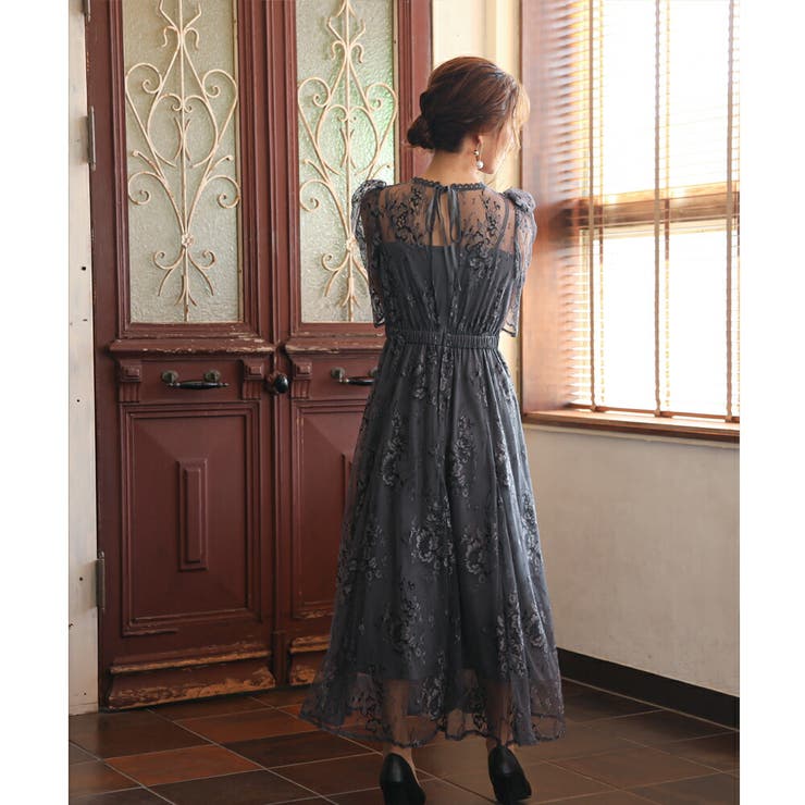 パワーショルダーレースロングドレス 結婚式 ワンピース[品番