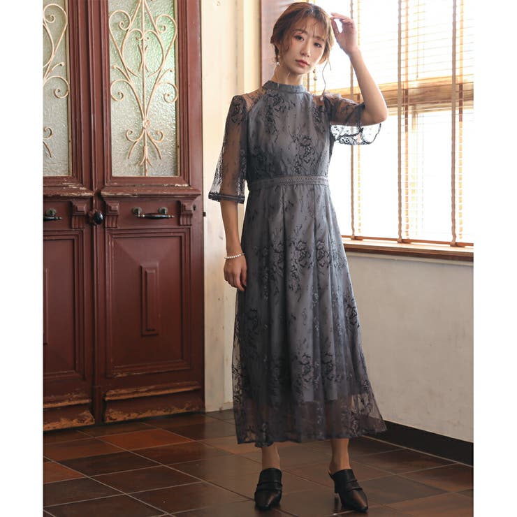 ロングドレス　レース ギャザースリーブチュールレースロングドレス 結婚式 ワンピース