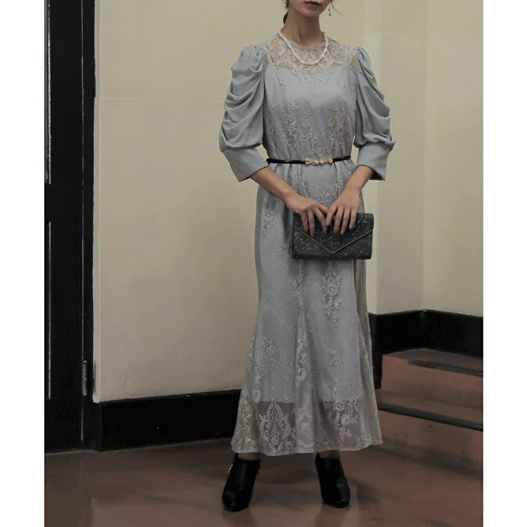 ギャザースリーブレースロングドレス 結婚式 ワンピース[品番 ギャザースリーブレースロングドレス 結婚式 ワンピース[品番