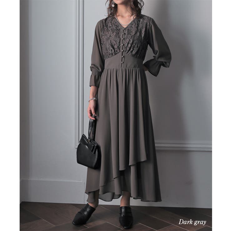 ダークグレー | レースコンビネーションシフォンロングドレス 結婚式 ワンピース | epicday