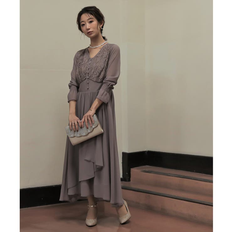 レースコンビネーションシフォンロングドレス 結婚式 ワンピース