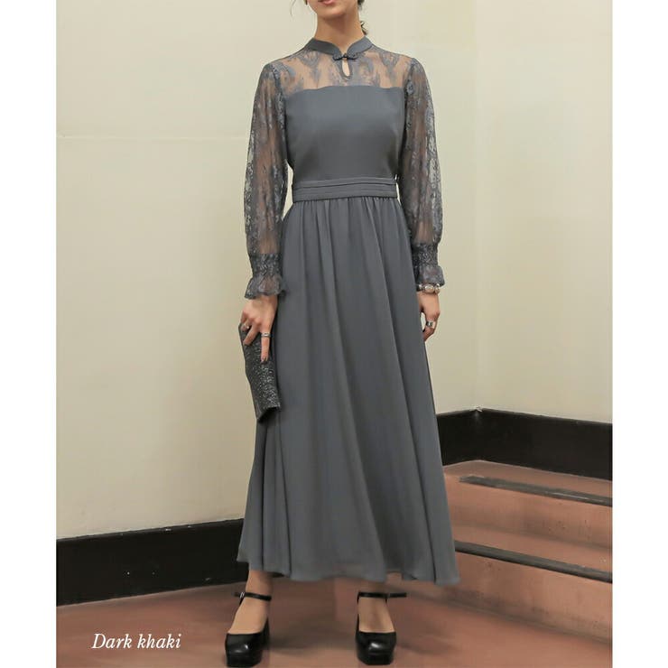 epicday レース＆シフォンロングドレス フォーマル パーティー　L レースコンビネーションシフォンロングドレス 結婚式 ワンピース