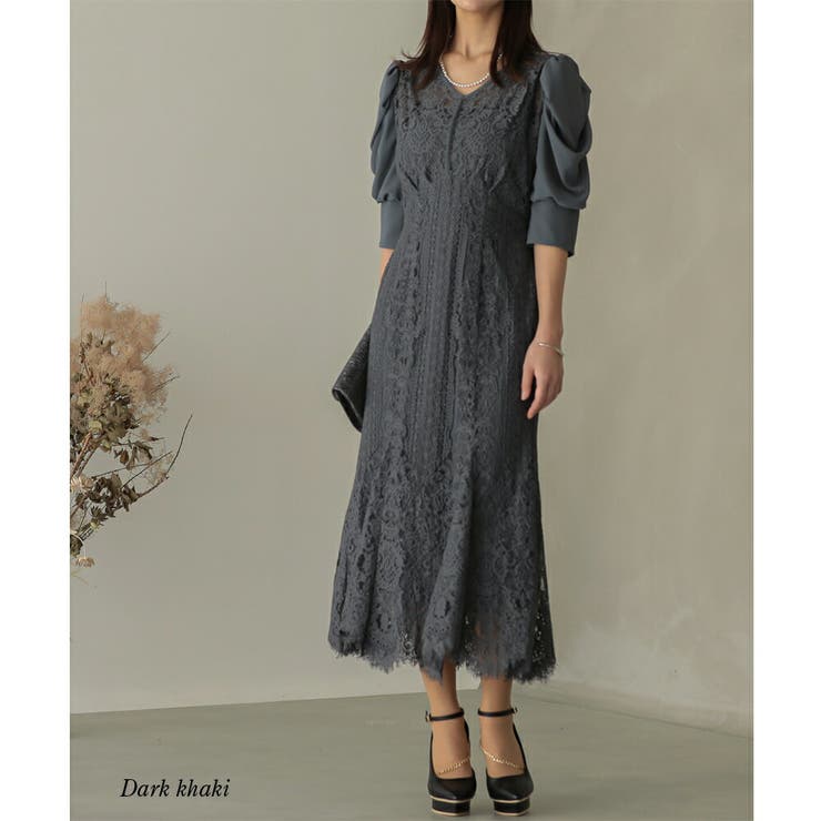 ダークカーキ | ギャザースリーブレースロングワンピース ドレス 結婚式 | epicday