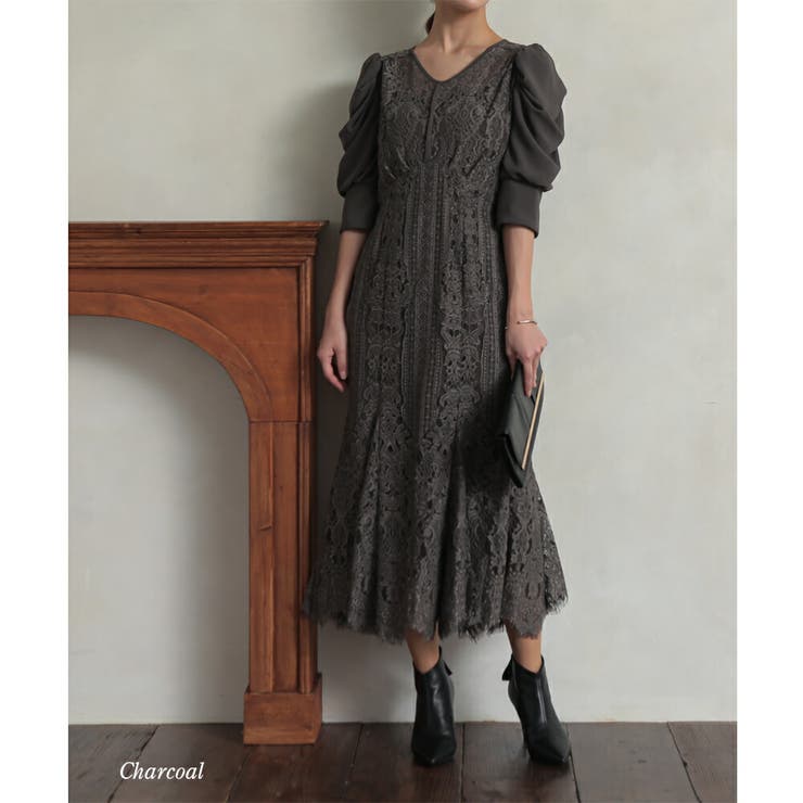 チャコール | ギャザースリーブレースロングワンピース ドレス 結婚式 | epicday