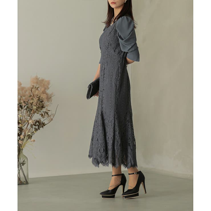 ギャザースリーブレースロングワンピース ドレス 結婚式 | epicday | 詳細画像15 