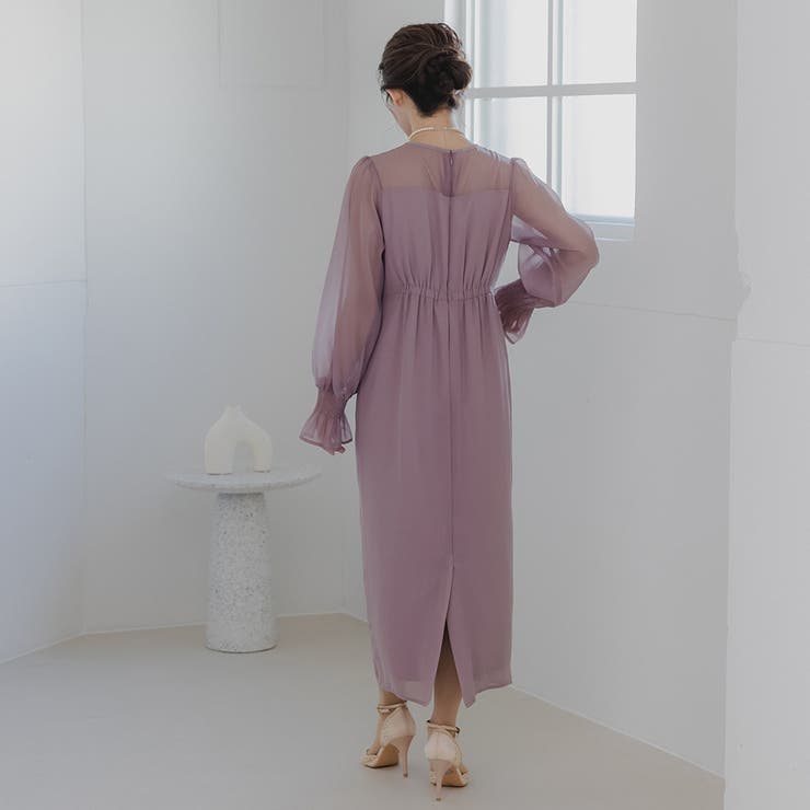 ボリュームスリーブシフォンロングワンピース ドレス 結婚式[品番 ボリュームスリーブシフォンロングワンピース ドレス 結婚式[品番