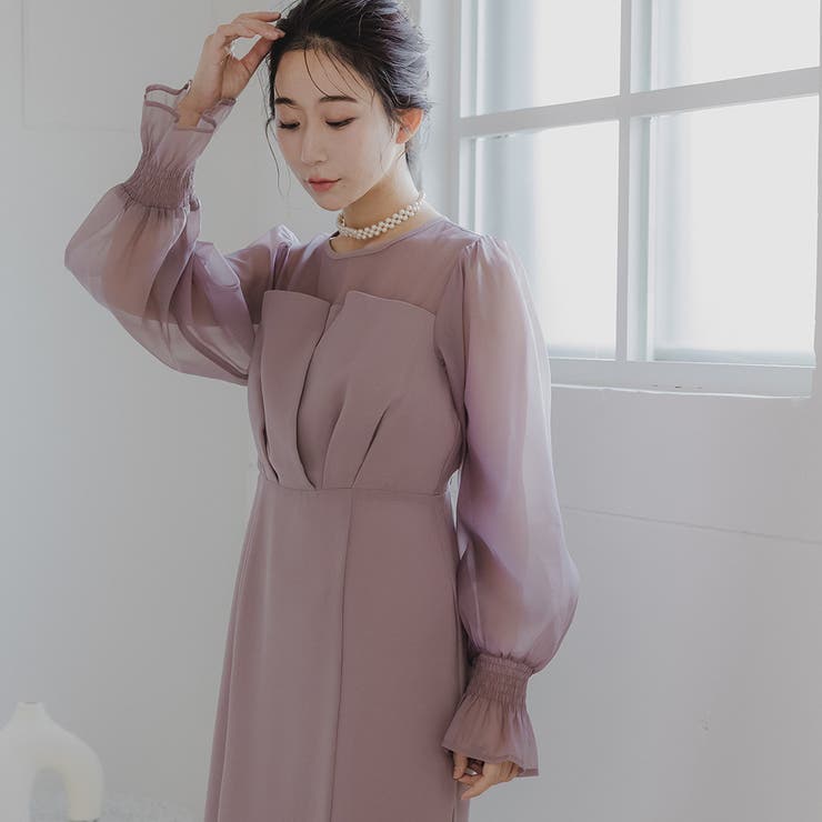 ボリュームスリーブシフォンロングワンピース ドレス 結婚式