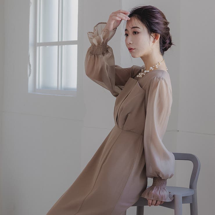 ボリュームスリーブシフォンロングワンピース ドレス 結婚式