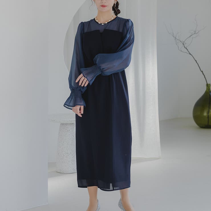 爆売り！ ボリュームスリーブシフォンロングワンピース 結婚式 ドレス スーツ・フォーマル・ドレス
