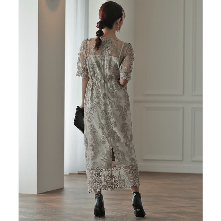 刺繍チュールレースタイトロングドレス ドレス 結婚式[品番