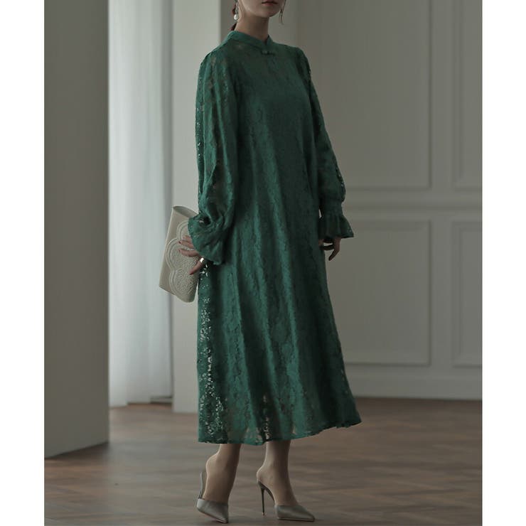 グリーン ボリュームスリーブドレス ボリュームスリーブレースドレス ドレス 結婚式[品番：GRVW0001033