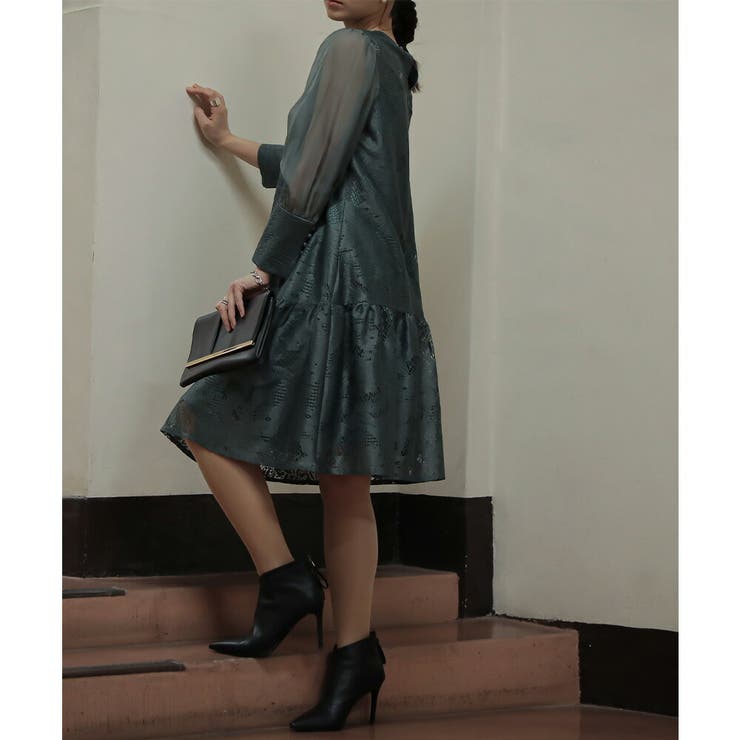 [ef-de]高級ジャガード ワンピース・ドレス    モスグリーン   日本製