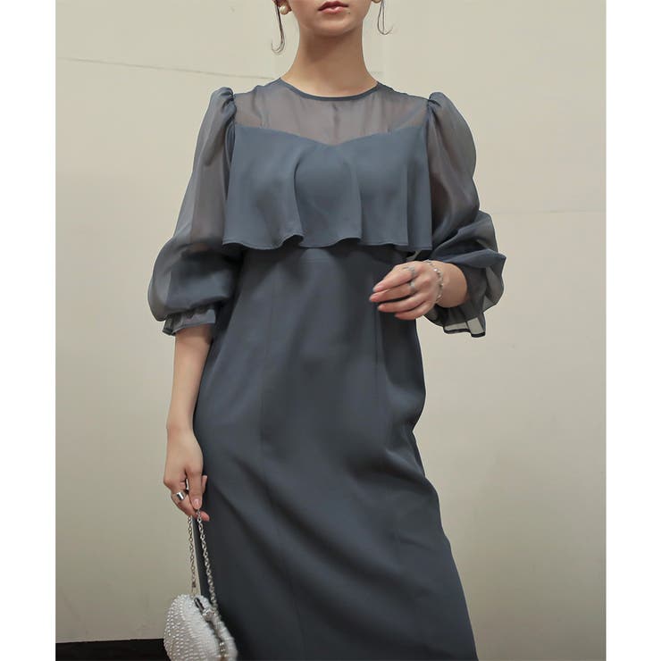 ボリュームスリーブシフォンロングドレス ドレス 結婚式[品番