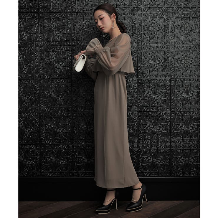 ボリュームスリーブシフォンロングドレス ドレス 結婚式[品番