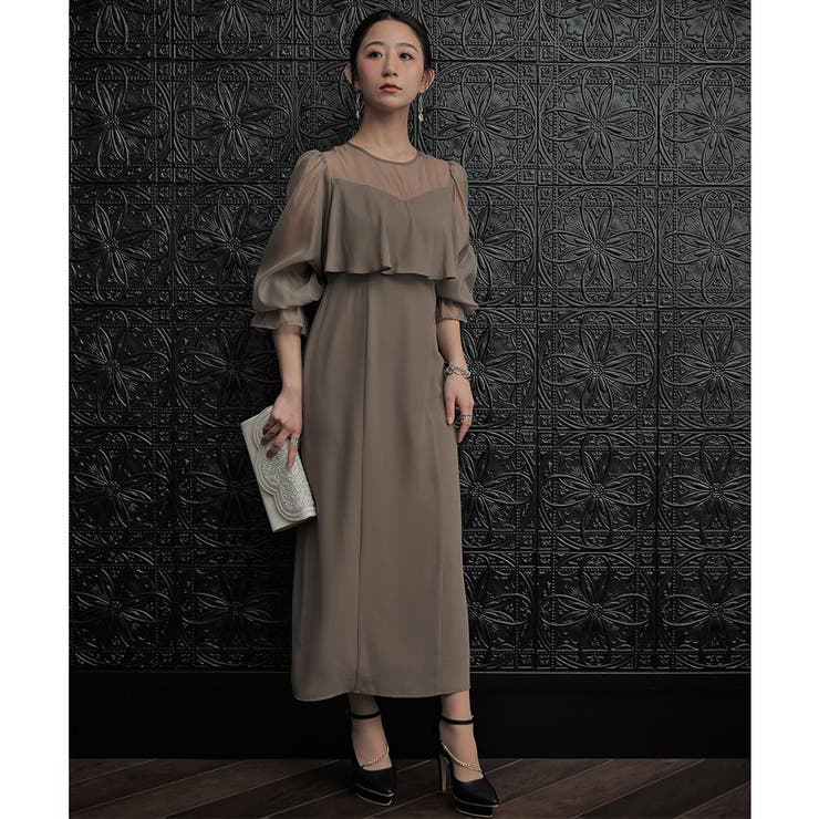 ボリュームスリーブシフォンロングドレス ドレス 結婚式[品番