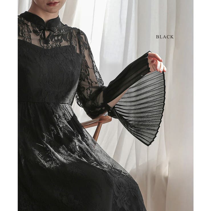 ブラック | プリーツスリーブレースロングドレス ドレス 結婚式 | epicday