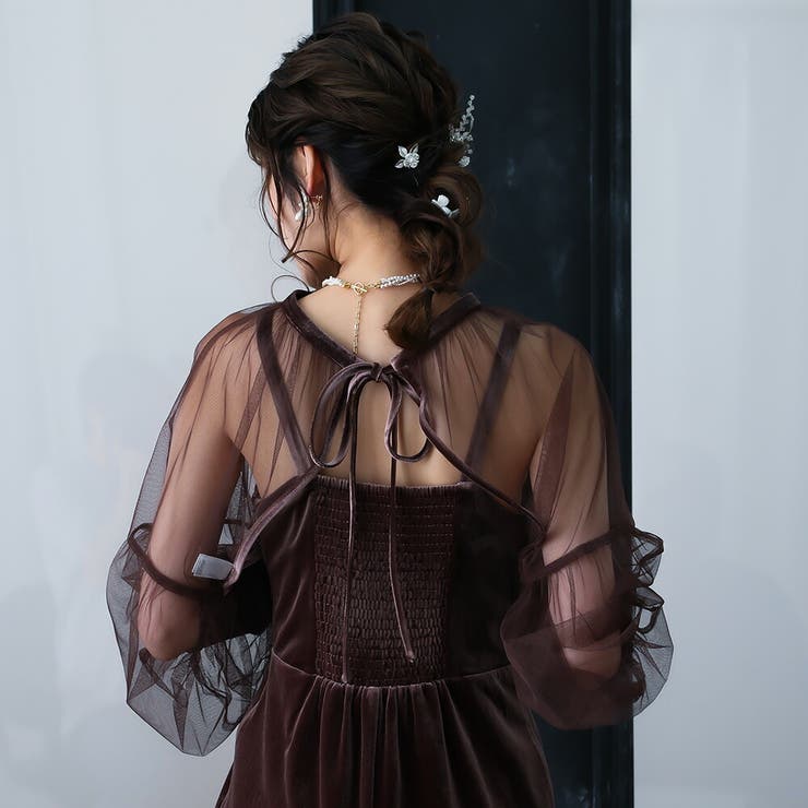 チュールトップタイトベロアドレス ドレス 結婚式[品番：GRVW0001100