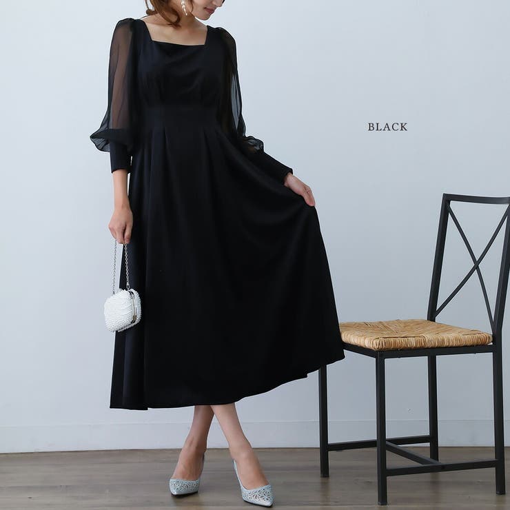 ベロアスクエアネックフレアワンピース ドレス 結婚式[品番