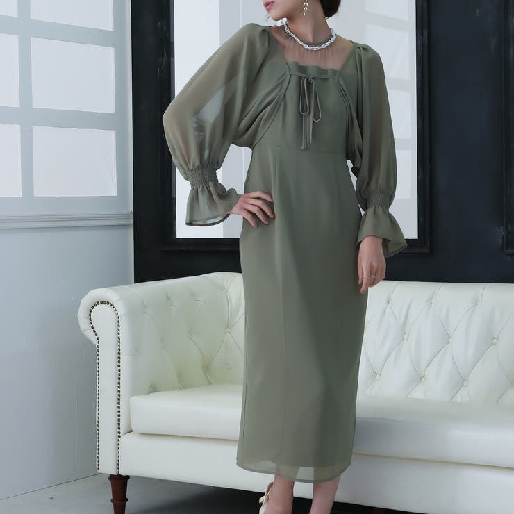 シフォンボレロ＆タイトドレスセットアップ ドレス 結婚式[品番  