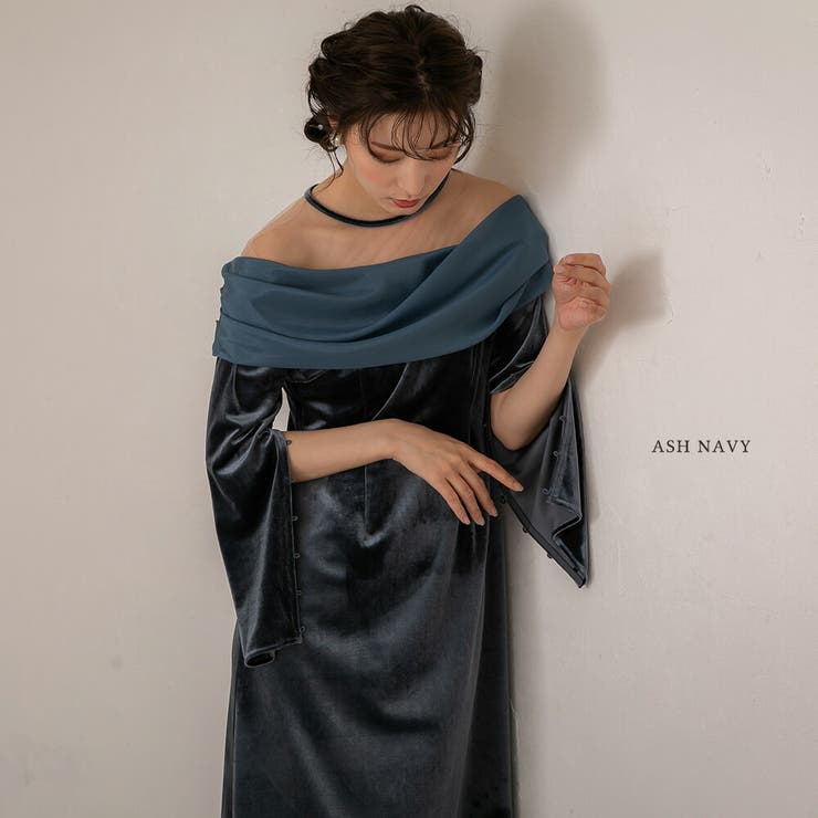 オフショルベロアドレス パーティードレス ワンピース[品番