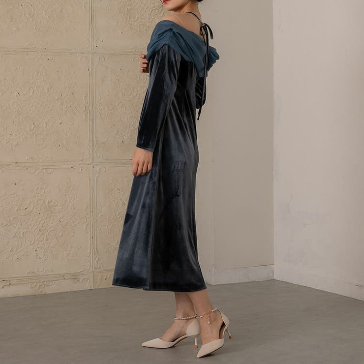 オフショルベロアドレス パーティードレス ワンピース[品番